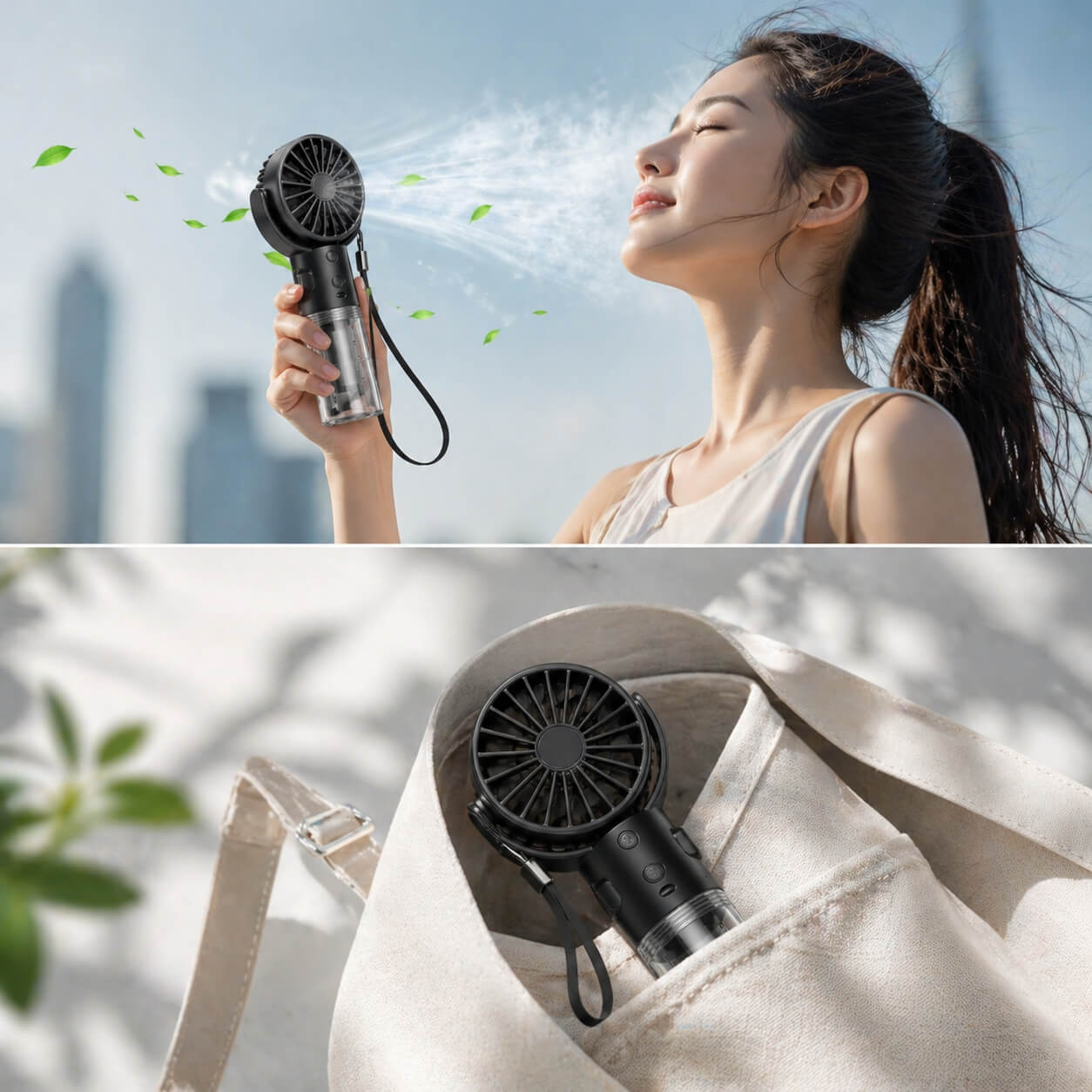 Person using a handheld fan outdoors with a cityscape background, followed by a close-up of the fan on a white surface.