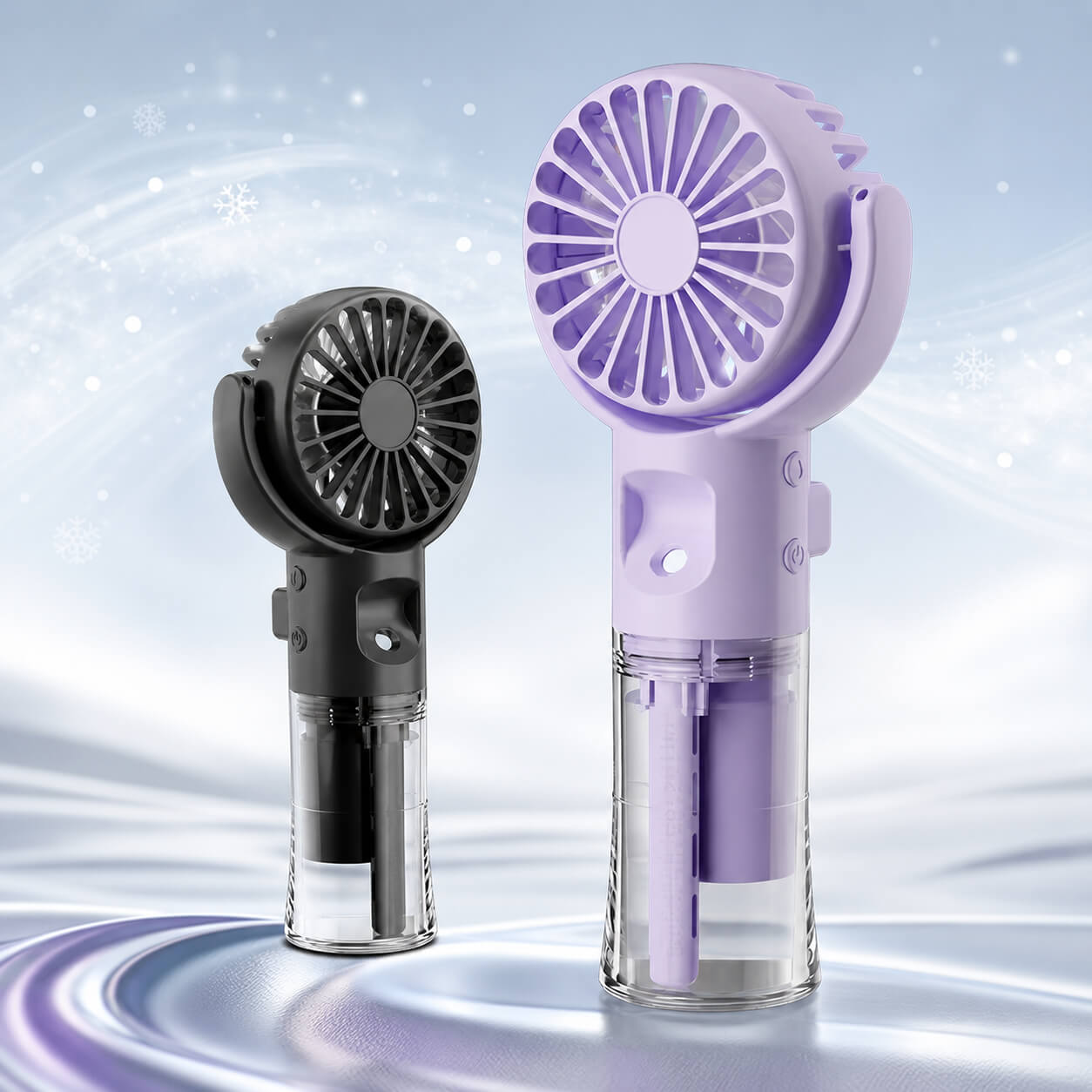 Two handheld fans, one black and one purple, on a light blue background.