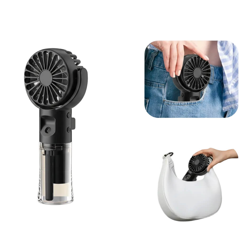 Portable hand-held fans in black and white on a white background