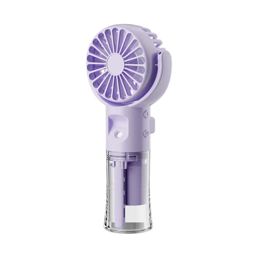 Purple handheld fan with clear base on a white background